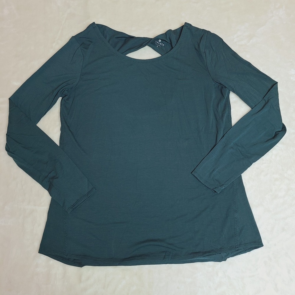 Athleta Open Back Flexlight Top Abyss Green Long Sleeve Twist Back Shirt Large
